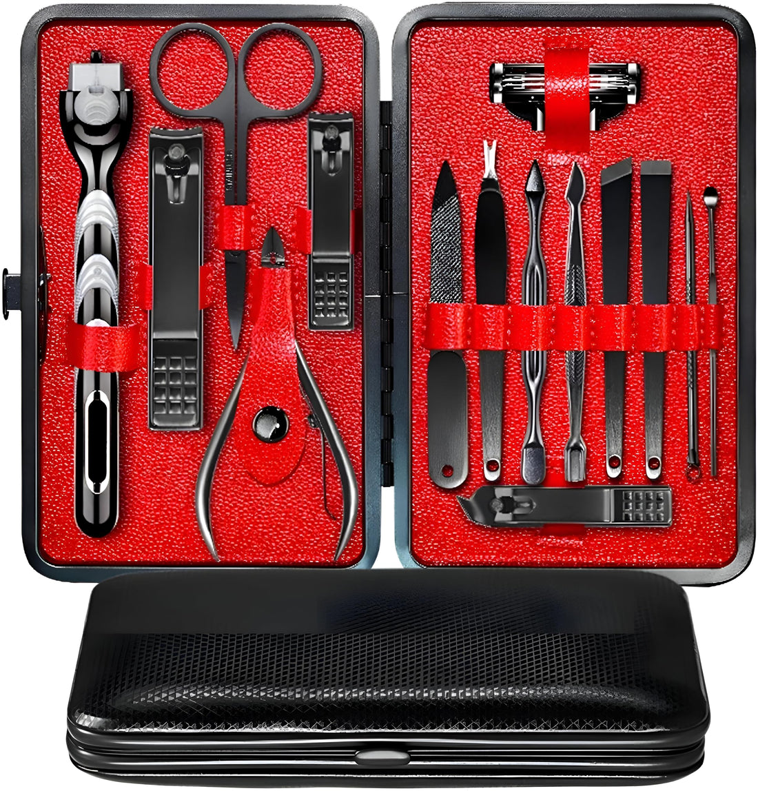 Nail Care Kit - 19-Piece Professional Manicure and Pedicure Set Featuring Stainless Steel Tools, Perfect for Travel with a Sleek Black and Red Case