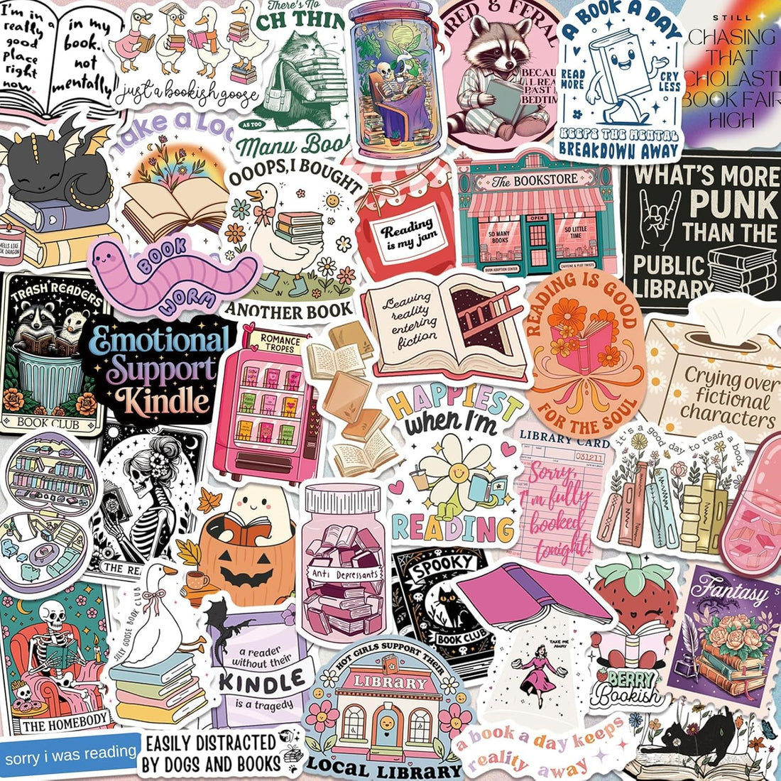 58 PCS Book Stickers for Kindle, Bookish Sticker Pack Reading Glitter Waterproof Vinyl Decals for Laptop, Ebook Readers, Water Bottles, Phone, Journal, Scrapbook, No Repeats