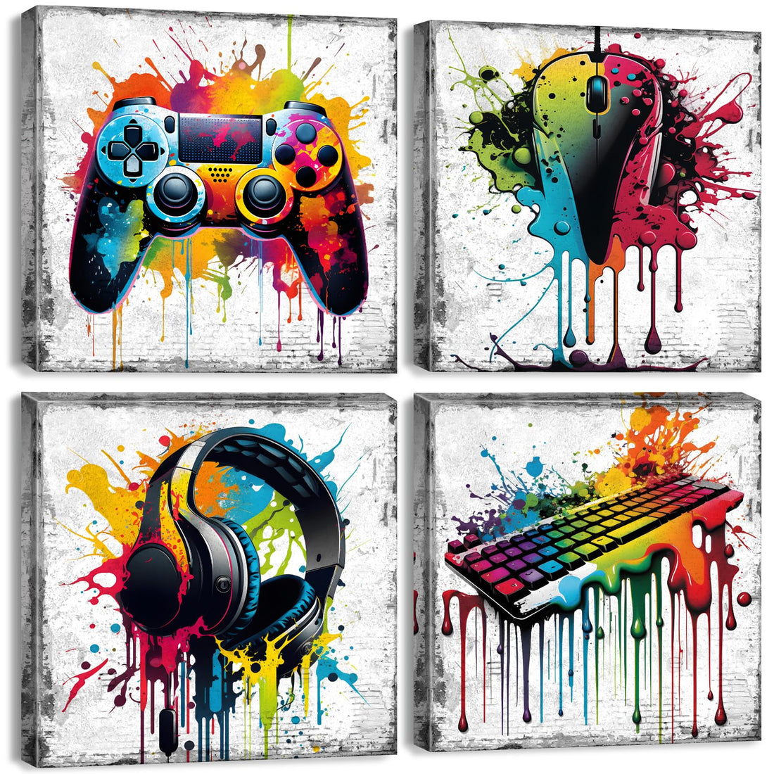 Game Room Decor Wall Art Graffiti Gamepad Headphones Canvas Prints Pictures Gamer Room Decor for Boys Street Pop Art Gaming Bedroom Playroom Cool Video Painting Teen Cave Modern Artwork 12x12" 4 Piece