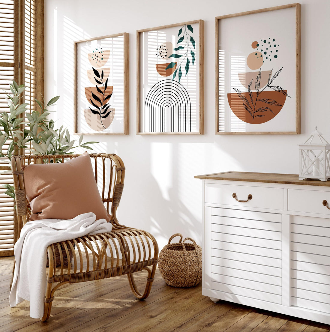 Abstract Wall Art Prints Set, 3 Panel Framed, DIY Home Decor (Beige Frame)