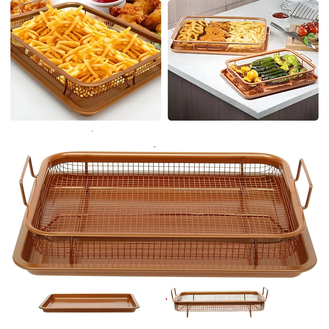 Oven Baking Tray - Detachable Stainless Steel Design, Non-Stick Wire Baking Rack, Oil Strainer, Mesh Frying Basket, Grill Basket; Material: Stainless Steel Copper Plated Versatile