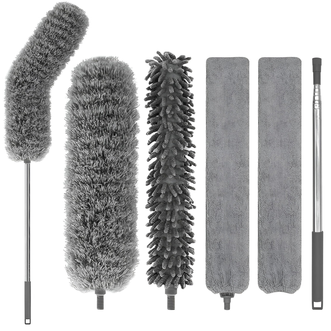Washable Microfiber Heads - Set includes 254cm telescopic pole and 3 reusable duster heads for ceiling fans, furniture crevices, car dashboards, and narrow gaps in sleek grey.