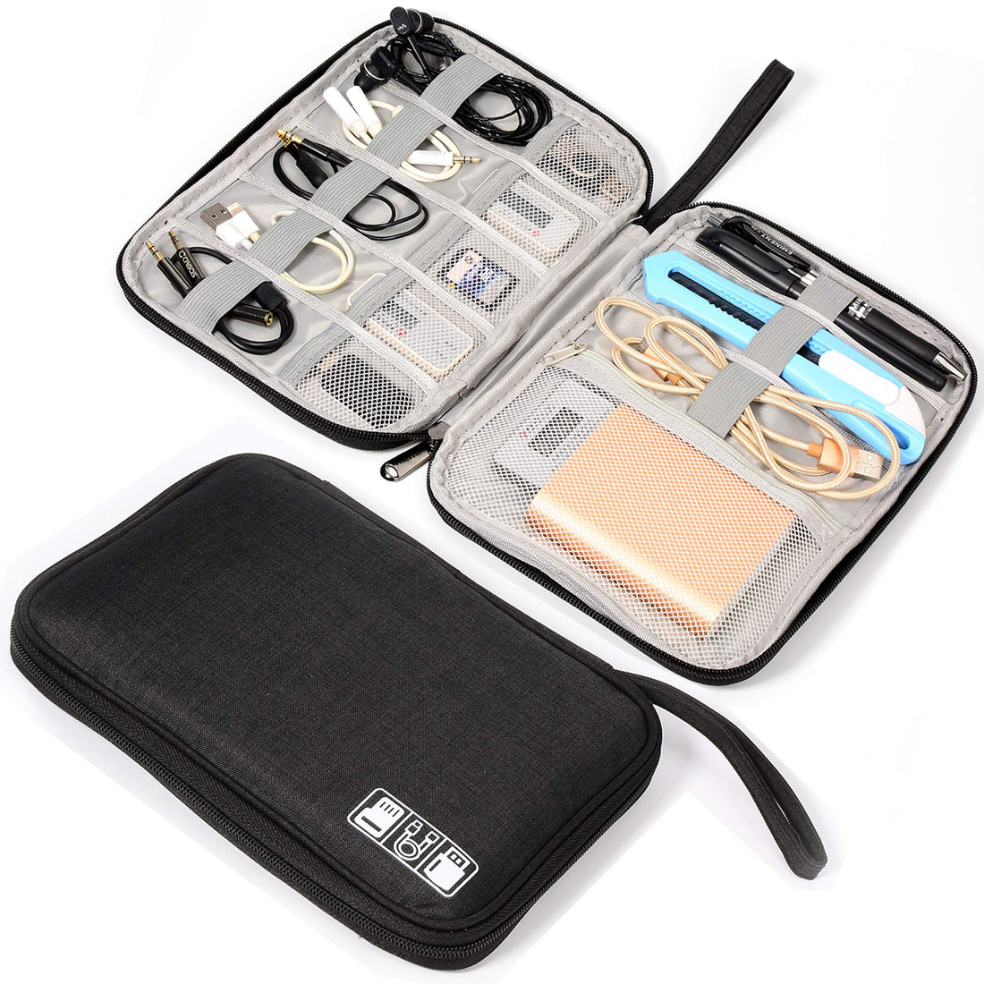 Electronics Organizer Bag Waterproof Carrying Pouch Travel Universal Cable Organizer Electronics Storage Bag Accessories Cases for Cord, Charger, Earphone, USB, SD Card (Black)