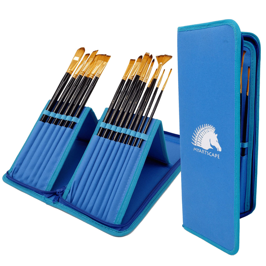Myartscape Paint Brushes - 15 Pc Brush Set for Watercolor, Acrylic, Oil & Face Painting | Long Handle Artist Paintbrushes with Travel Holder (Cool Blue) with Gifting Box | Art Supplies