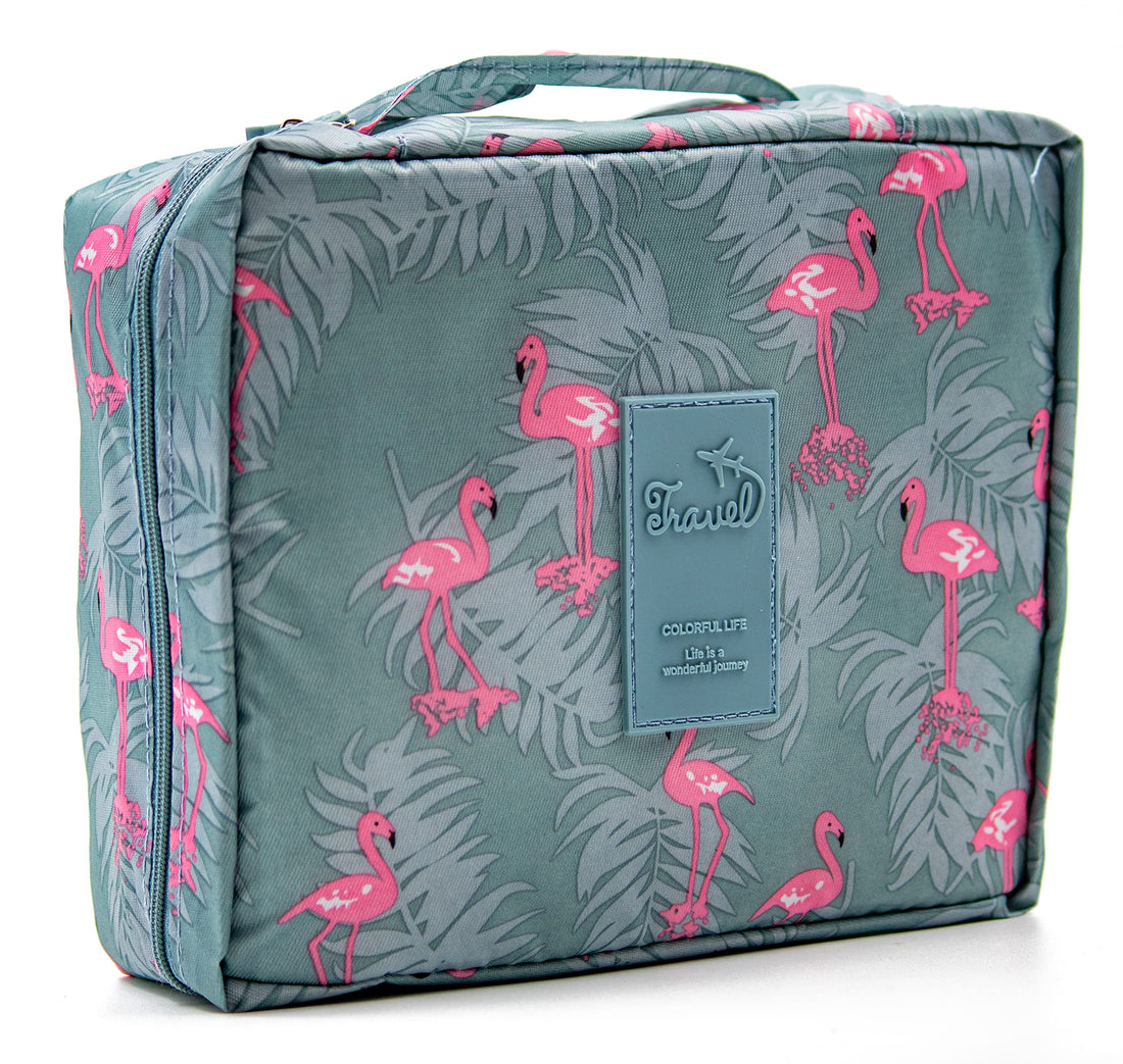 Travel Cosmetic Makeup Case Wash Organizer, ABTRIX WITH AB Women Make Up Storage Pouch Waterproof Household Grooming Kit with Handle for Women Innerwear Organizer, Blue Flamingo, 23X17X8 cm, ABT00BAG