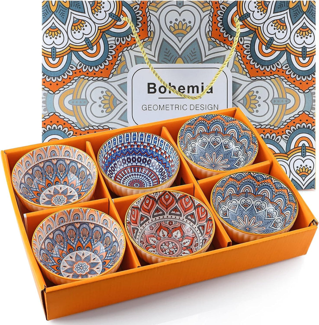 Ceramic Rice Bowls 10 oz, Bohemian Style Bowl Gift Set, Assorted Dinnerware Serving Bowls for Cereal, Soup, Dessert, Snack, Fruit, Salsa, Pack of 6