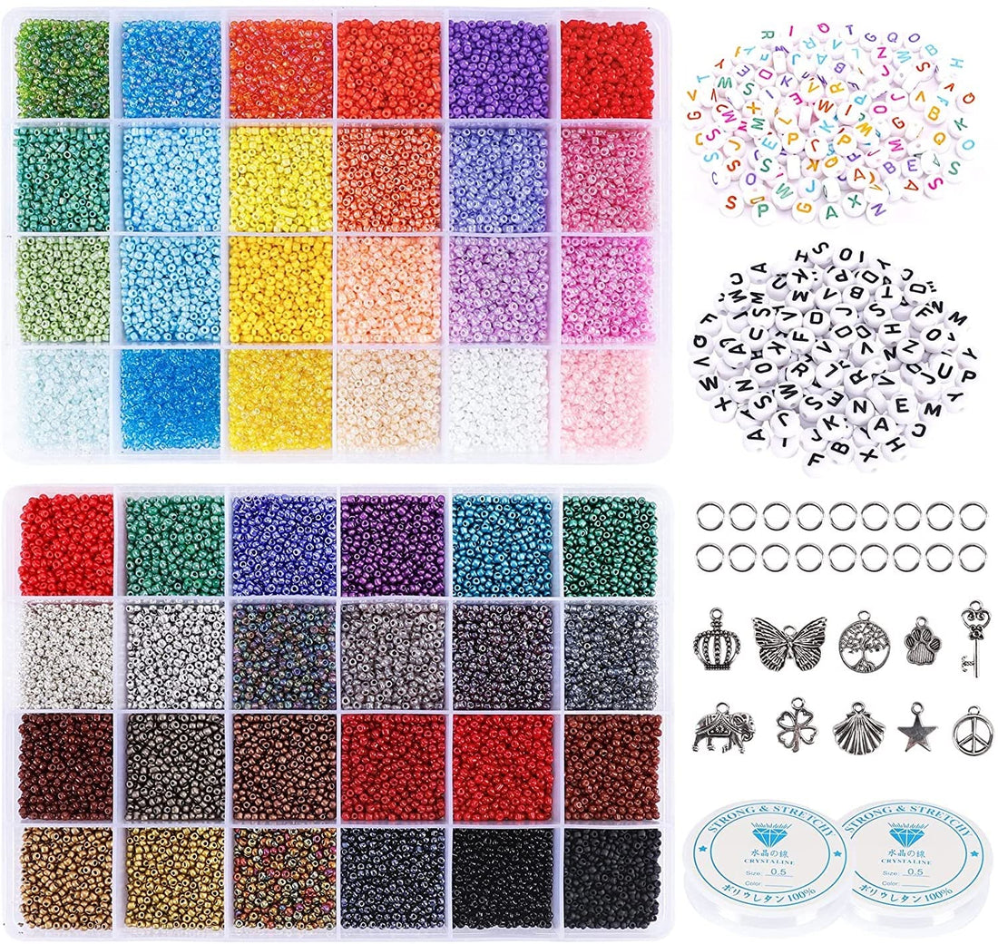 Quefe 38000pcs 48 Colors Glass Seed Beads, 2mm Craft Kit for Jewelry Making, with Storage Boxes, Letter Beads, Charms, Jump Rings and Elastic String
