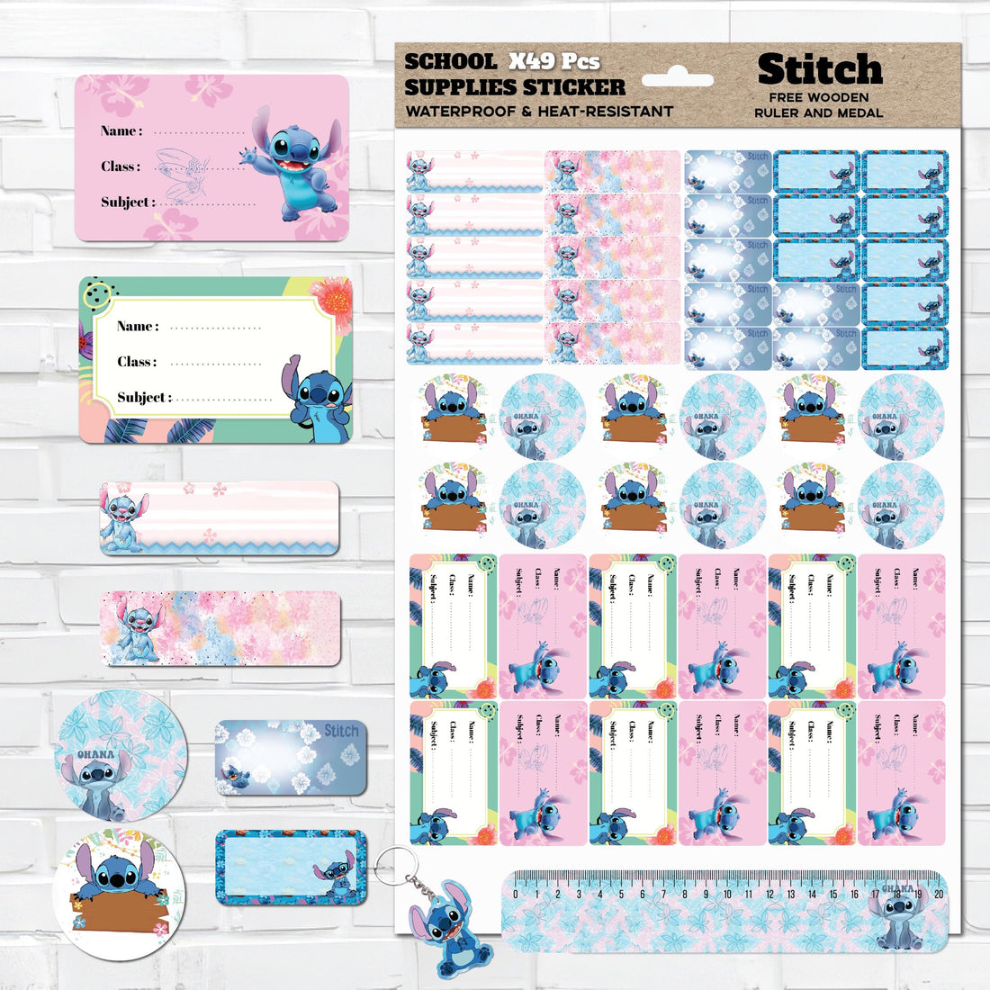 49 Pcs Stitch Stickers for Kids School Supplies, Waterproof Stickers for Plays, Kids Name Sticker for School Supplies with Favorite Cartoon Characters, Washable, No Trace