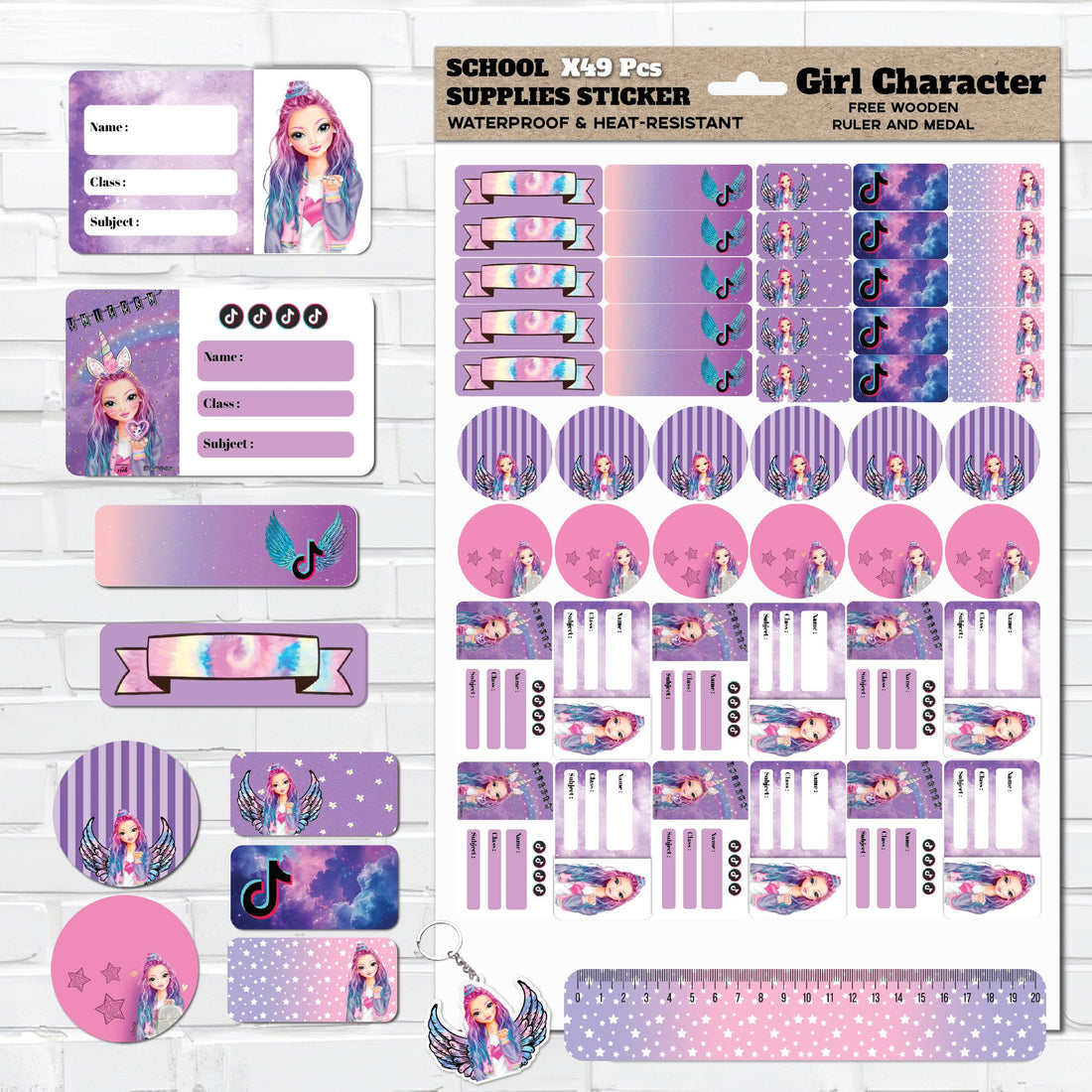 49 Pcs School Supplies Stickers for Kids School Supplies Shapes for Girls Waterproof Sticker for Playz Kids Name Sticker for School Supplies Girls Characters Washable