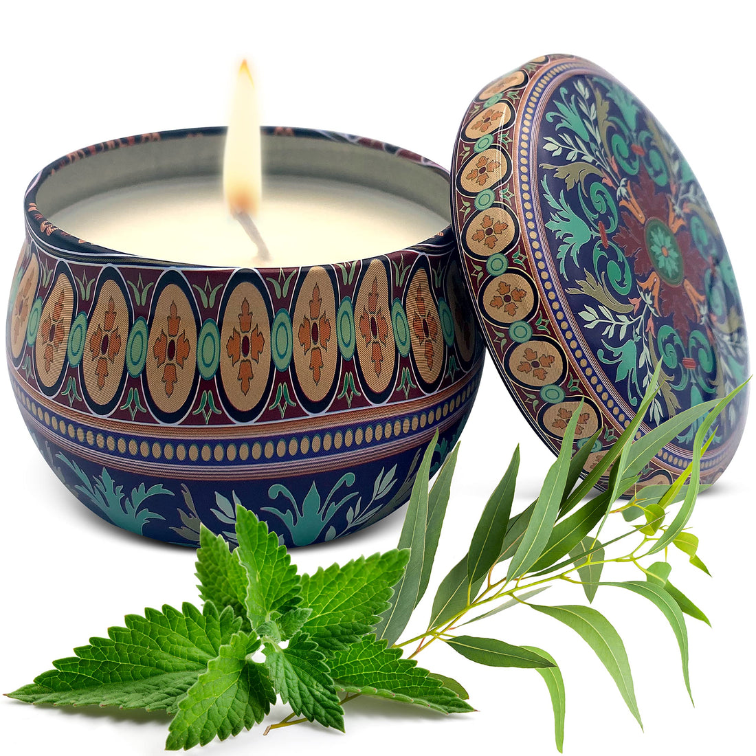 Relaxcation Candle Aromatherapy Peppermint Eucalyptus in Perfect Giftable Metal Tin - Pure Organic Soy Wax and Oils - 6oz - Handmade in USA