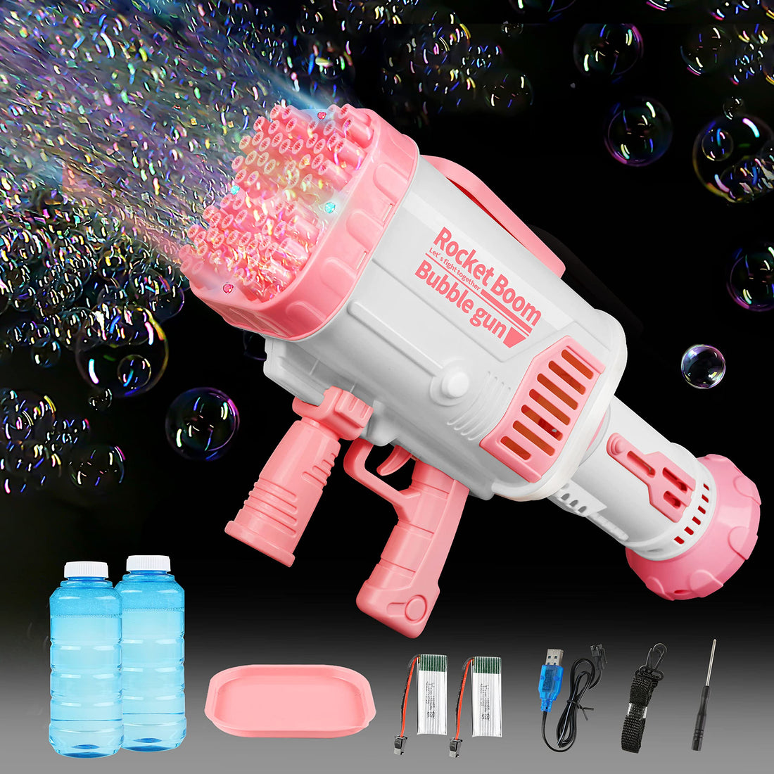 Bubble Guns, 64 Holes Giant Bubble Machine Gun with Colorful Lights, Electric Bubble Shooter Maker for Adults Kids Outdoor Indoor Birthday Wedding Party Toy Gift (Pink)