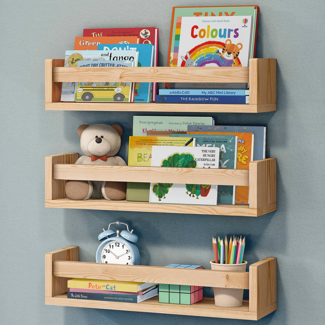 NATURE SUPPLIES Set of 3 Wooden Wall Shelves, Montessori Bookcase Storage Shelf Book for Bedroom and Children's Decoration, 41 cm, Natural Wood