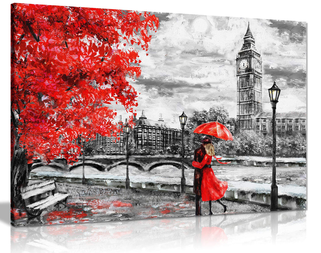 Panther Print London Oil Painting Artwork Reproduction Big Ben Red Umbrealla Canvas Wall Art Picture (18X12)