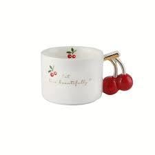 Cherry - Stylish white porcelain drinking vessel with artistic red cherry motifs and a gentle message, designed to elevate your beverage experience with a splash of color and positive vibes always.