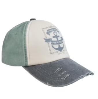 Tricolor Washed Baseball Cap with Anchor Design, Green, White and Grey