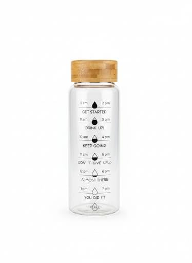 Spaceshoop Time-Marked Motivational Glass Water Bottle – Reusable Bottle with Bamboo Lid for Daily Hydration Tracking, 700 ml, Clear
