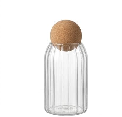 700ML Clear Glass Jar with Spherical Cork Lid, Elegant Ribbed Design for Storage