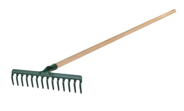 Garden Rake with Wooden Handle, 16-Tooth Steel Head, Green