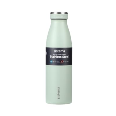 Sistema Hydrate Stainless Steel Water Bottle | 500 ml Leak-Proof Reusable | BPA & Phthalate Free | Double Wall Vacuum Insulation | Keeps Cold for 12 hrs, Hot for 6 hrs | Assorted Colours