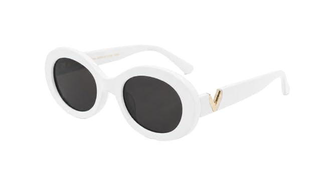 Oval sunglasses, black frame with a gold V-shaped logo, classic design, dark lenses, women's