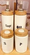 Downtown Porcelain Oil Vinegar Salt and Pepper Table Set with Wooden Base, 5-Piece Professional Restaurant Set, Elegant Ceramic Condiment Organizer for Dining Tables and Kitchens