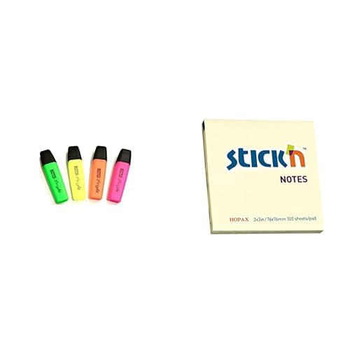 Roto Writing Bundle ( bright text highlighter set of 4 markers- multicolor +Hopax-stick'n 21007 sticky note 76x76 mm - yellow, 100 sheets)