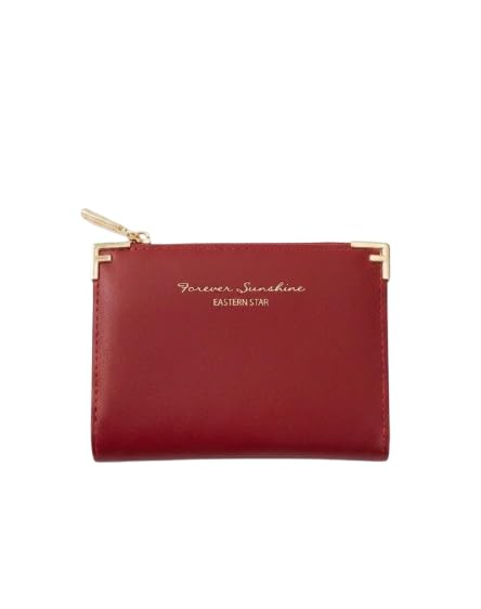 Women's leather multi-card slots with ID window, elegant foldable design, gold metal accents-B7 (RED)