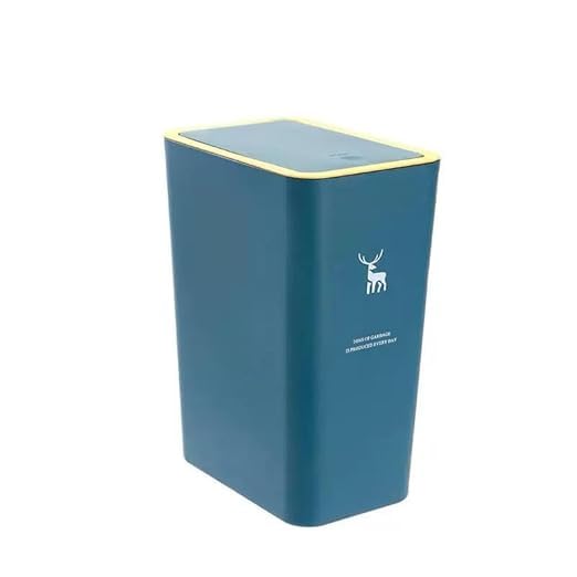Plastic Touch Rectangular Trash Can, Petroleum with Yellow Edge, Deer Design, for Home Office Kitchen Bathroom