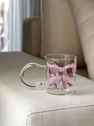 Pink Bow Glass Cup 300 ml Cute Transparent Glass Mug with Decorative Bow Glass for Juice, Coffee, Milk, Stylish Glassware for Girls, Gifts, Weddings & Home Use (Pack of 1)