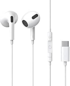USB C Headphones, Type C Earphones with Mic and Volume Control, In-Ear USB Type-C Headphones White