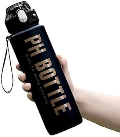 Motivational Sports Water Bottle with Numbering BPA Free Shatterproof 1L Portable Cycling Camping Water Bottle (Black)