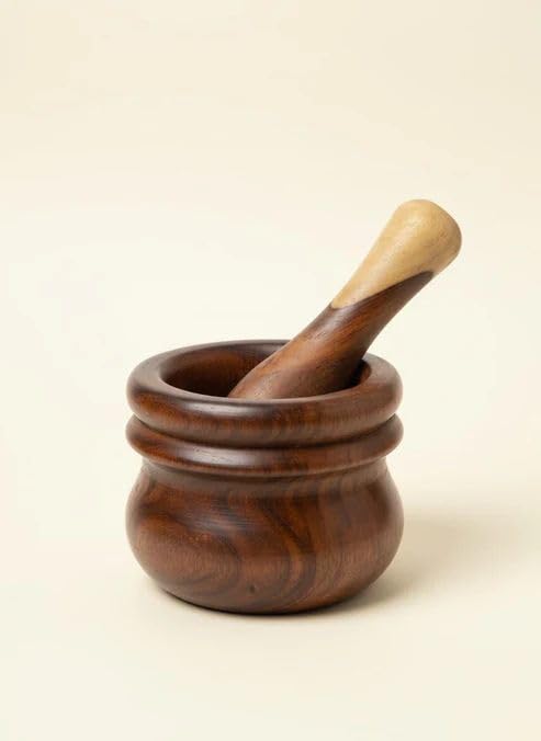 CasaHome Wooden Mortar & Pestle Set, Hand-Turned Solid Hardwood Grinder, Deep Bowl with Double-Bead Rim, Satin Oiled Finish, Walnut Brown & Honey Two-Tone
