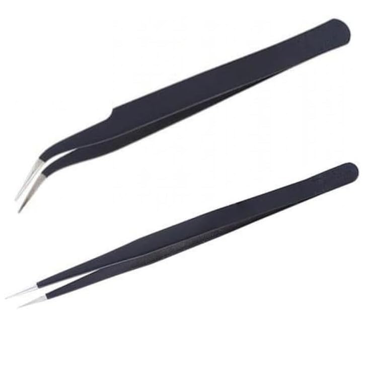 Pair of Stainless Steel Anti-Static Tweezers (Straight + Curved)