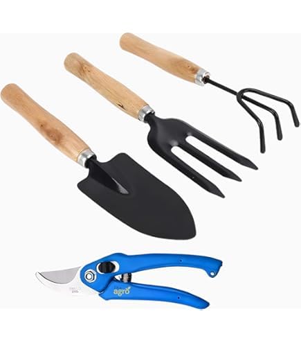 Gardening Tool Set 4 Pieces, Blue Pruning Shears, Premium Set, Black