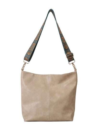 Large Capacity Women's Shoulder Bag, Beige PU Leather, Retro Style with Decorative Strap