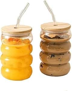 Glass Tumbler with Wooden Lid and Straw - Suitable for Iced Coffee, Juices, Hot and Cold Drinks (2) (2, 500 m)
