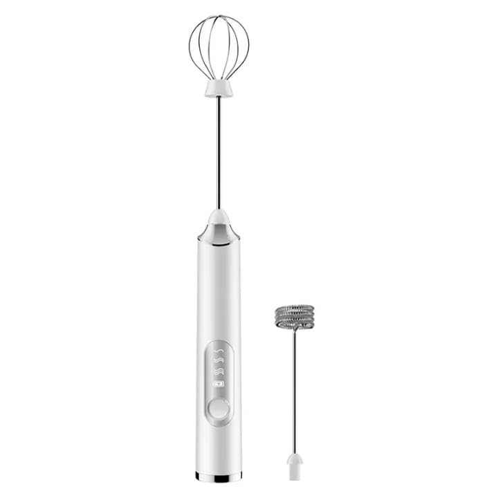 Milk Frother Handheld Electric Whisk Foam Maker For Coffee Latte Cappuccino Drinks – Double Head Portable Blender With Stainless Steel Stand (White)