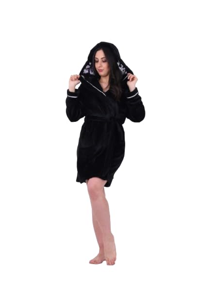 Daadosh Women's Short Robe with Hood - Hooded Collar with Kamino Sleeves Soft Velvet Solid Design