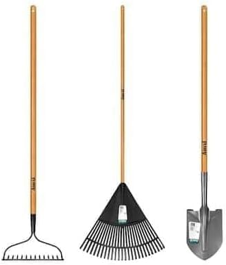 Garden Tool Set 3 Pcs Soil Leveling Rake Fork Leaf Collector Wooden Handles