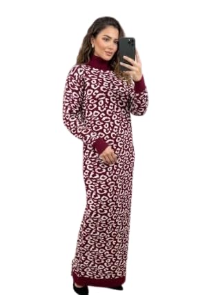 Women's Leopard Print Knit Maxi Dress – Soft "Agina" Fabric Turtleneck Sweater Dress – Long Sleeve Modest Winter Basic – Black & White Tiger Pattern