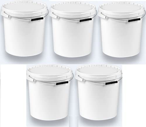 5 x 20 Litre Stackable Food Safe Plastic Bucket with Lid, White, Pack of 5