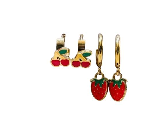 Set of 3 Strawberry and Cherry Earrings - Fun and Attractive Elegance for All Time AA