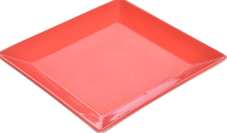 Square Ceramic Plate, Coral Red, Glossy Finish, Dining Serving DishSET OF 2 22x22cm