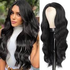 ECIF Fashion Black Lace Wig Mixed Color Glueless Long Natural Wavy Middle Part Synthetic Lace Front Wigs For Women Half Hand Tied Heat Resistant
