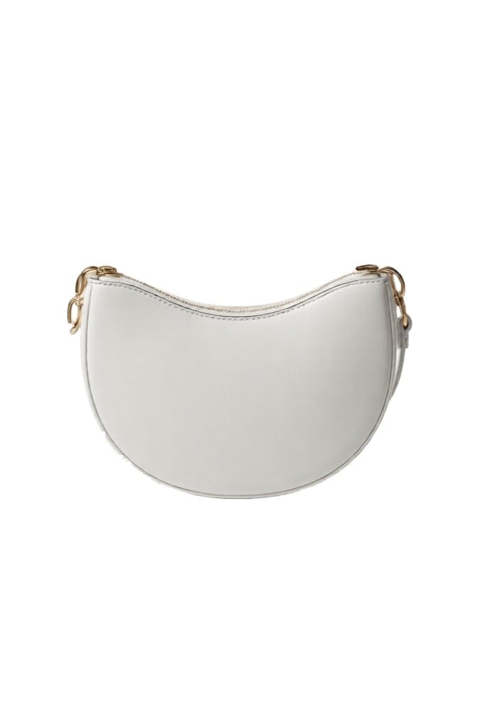 An elegant women's handbag with a distinctive crescent design, crafted from high-quality leather in a bright white color with gold details, perfect for everyday and formal occasions.