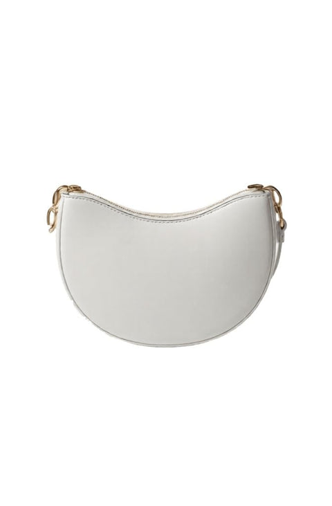 An elegant women's handbag with a distinctive crescent design, crafted from high-quality leather in a bright white color with gold details, perfect for everyday and formal occasions.