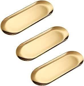 Modern Trays - Gold Oval Stainless Steel Polished Serving Set of 3 for Jewellery Coffee Sweets Decor and Table Presentation