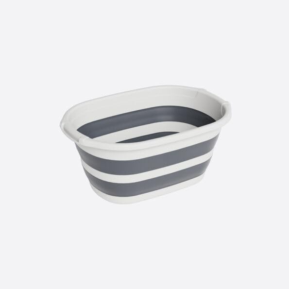 Pop Up Living Collapsible Laundry Basket, Plastic and Silicone Construction, White and Grey Stripes, 38L Capacity, Foldable Space-Saving Design