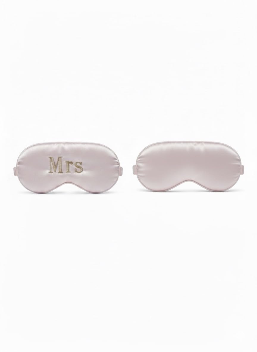 Luxurious Satin Sleep Mask with Gold embroidered 'MRS' Text, White, Silk Feel Material, Elastic Band, Wedding Day Accessory, Light Blocking Eye Cover