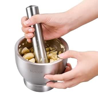 Stainless Steel Mortar and Pestle Set SUS 304, Heavy Duty Spice Grinder with Lid, Garlic, Herbs & Spice Crusher Bowl, Durable Kitchen Tool